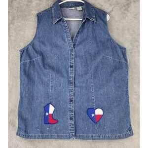 Lee Vest Womens 2X Blue Denim‎ Button Up Texas Patch Studded Western Vintage Top